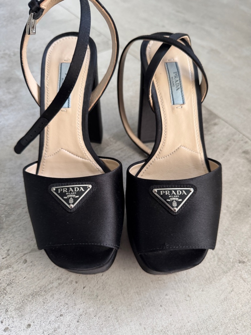 Prada Black Satin Open-Toe Block Heel Sandals with Logo Plaque